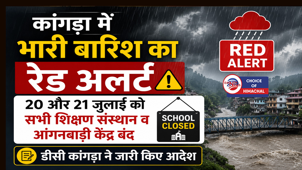 कांगड़ा में भारी बारिश का रेड अलर्ट : 20 और 21 जुलाई को सभी शिक्षण संस्थान व आंगनबाड़ी केंद्र बंद