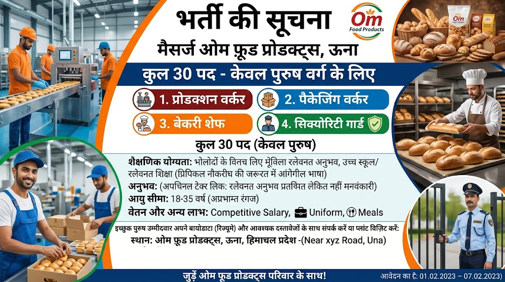 ऊना में रोजगार मेला : प्रोडक्शन वर्कर, पैकेजिंग वर्कर, बेकरी शेफ और सिक्योरिटी गार्ड के पदों पर भर्ती