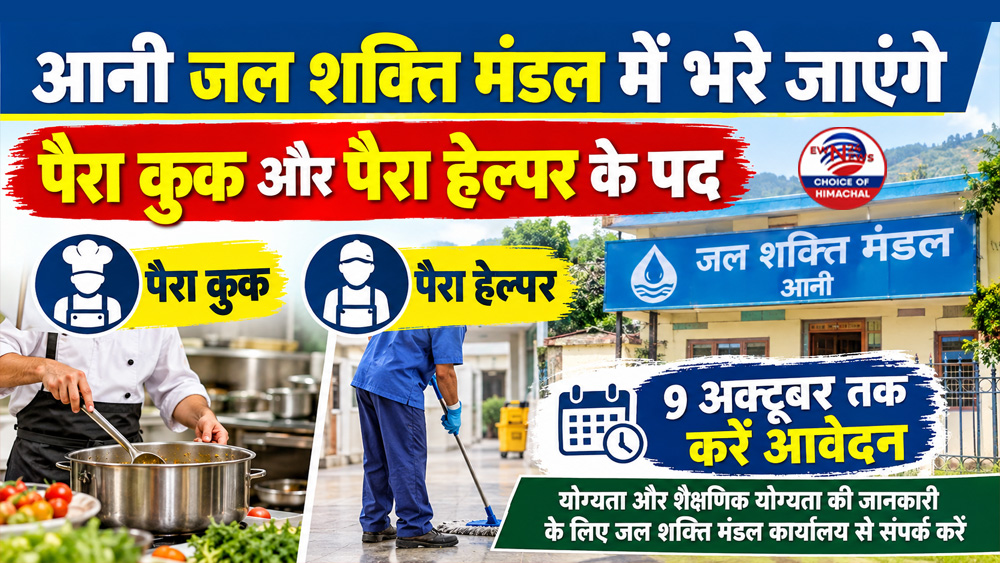 आनी जल शक्ति मंडल में भरे जाएंगे पैरा कुक और पैरा हेल्पर के पद, 9 अक्टूबर तक करें आवेदन